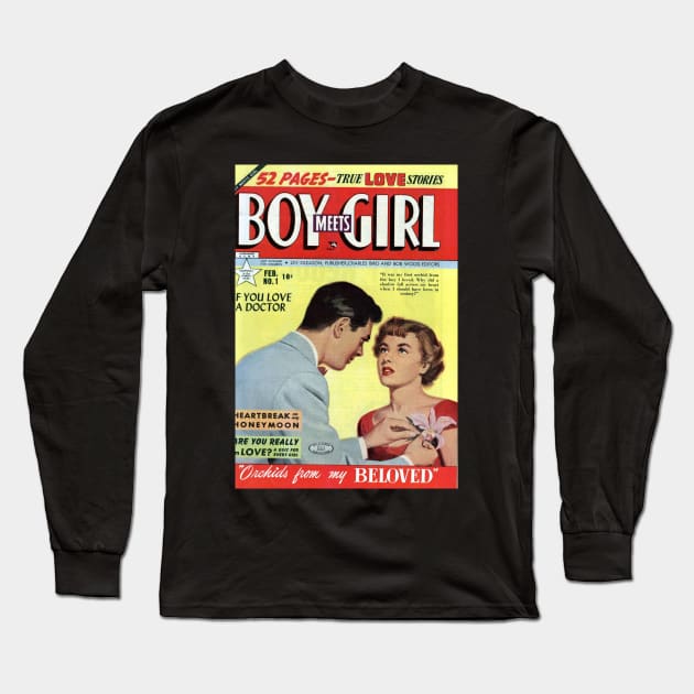 Vintage Romance Comic Book Cover - Boy Meets Girl Long Sleeve T-Shirt by Slightly Unhinged